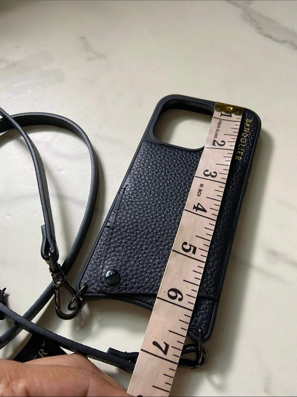 Bandolier Black Leather Crossbody Phone 14 Pro Case with Adjustable Strap